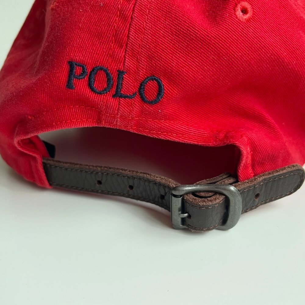 Vintage Polo Ralph Lauren Cotton Chino Ball Cap in Red/Blue with Leather Strap - Picture 2 of 8